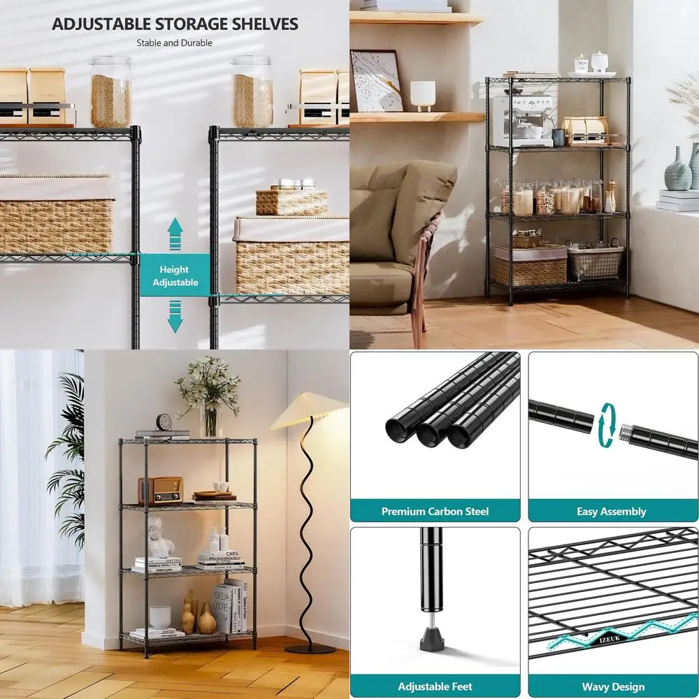 

Sturdy 4-Tier Steel Shelving Unit for Kitchen, Pantry, Garage, or Office - 29.5W x 13.7D x 47.2H, Holds 1000LBS, Black