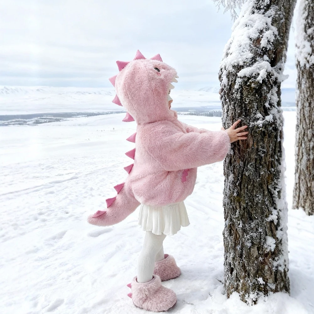 Kids Dinosaur Hooded Winter Coat with Tail Fluffy Plush Warm Jacket Cute Animal Shape Children Halloween Cosplay Costume Fashion