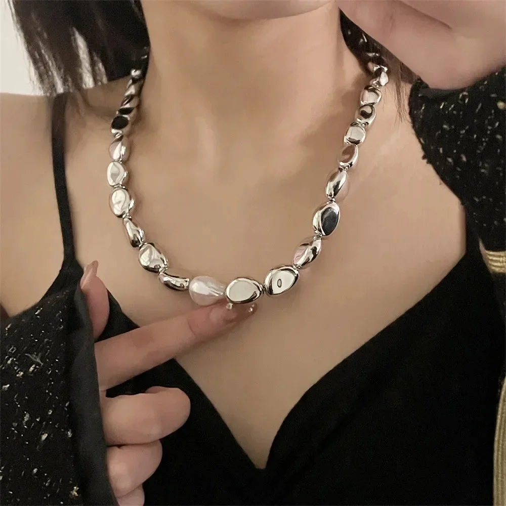 خمر لوحة فضية هندسية مبالغ فيها CCB سلسلة قلادة للنساء أنثى موضة بوهو اللؤلؤ الاصطناعي Y2K مجوهرات هدية