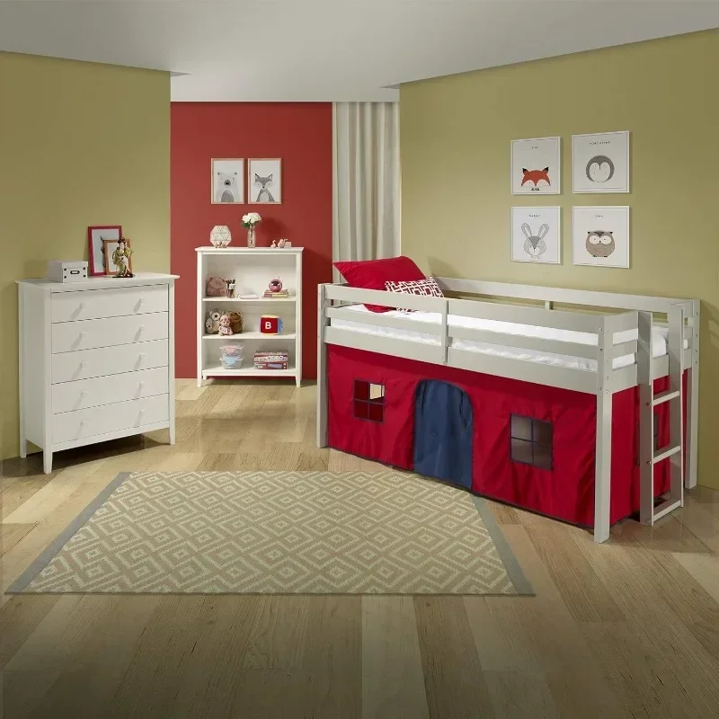 Twin Junior Loft Bed, Dove  Frame and  Bottom Playhouse Tent