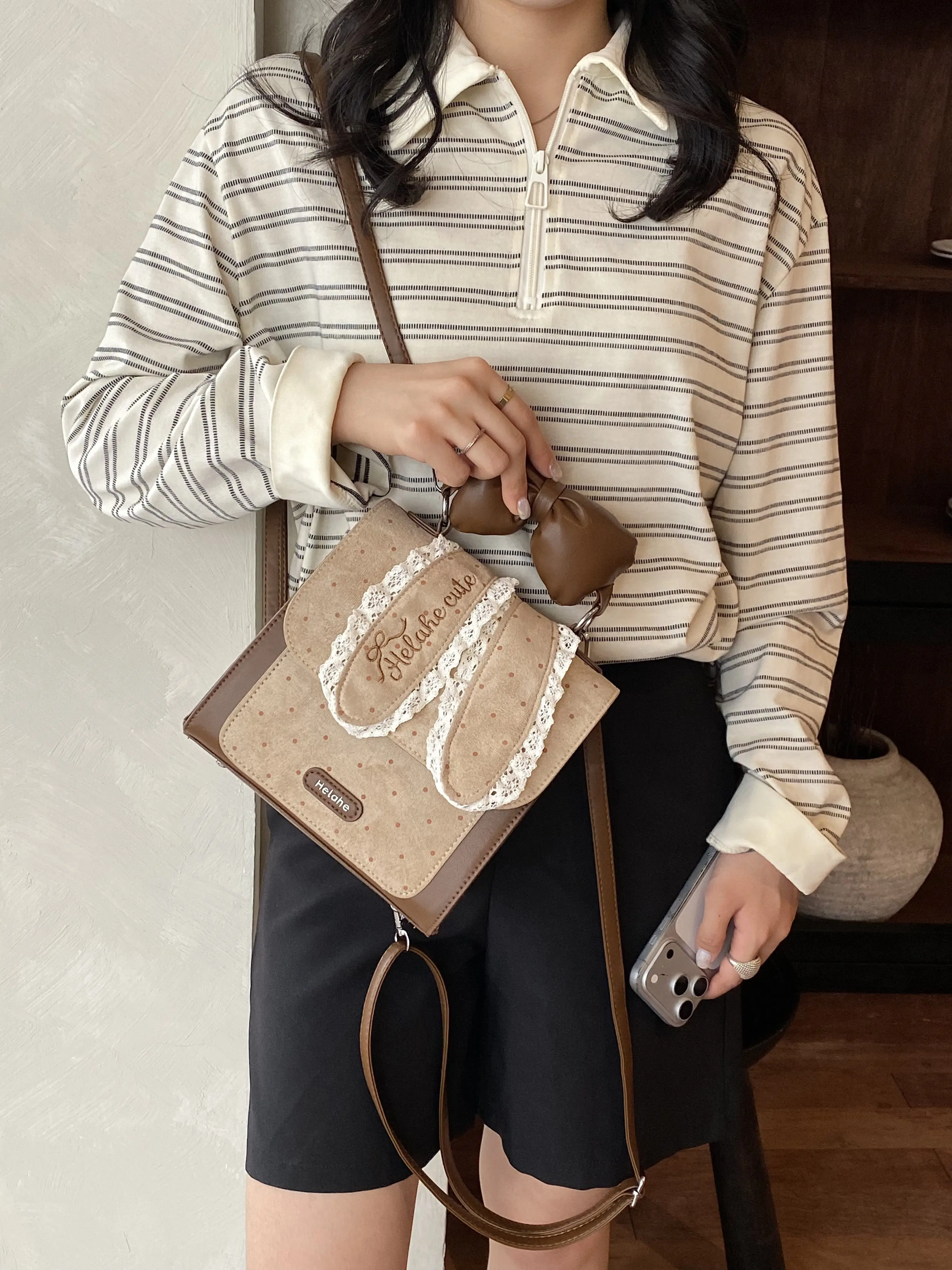 Cute Rabbit Ears Backpack Fashion Bow Wave Point Mini Book Bag Japanese Cartoon Color blocked Backpack Women's Shoulder Bag