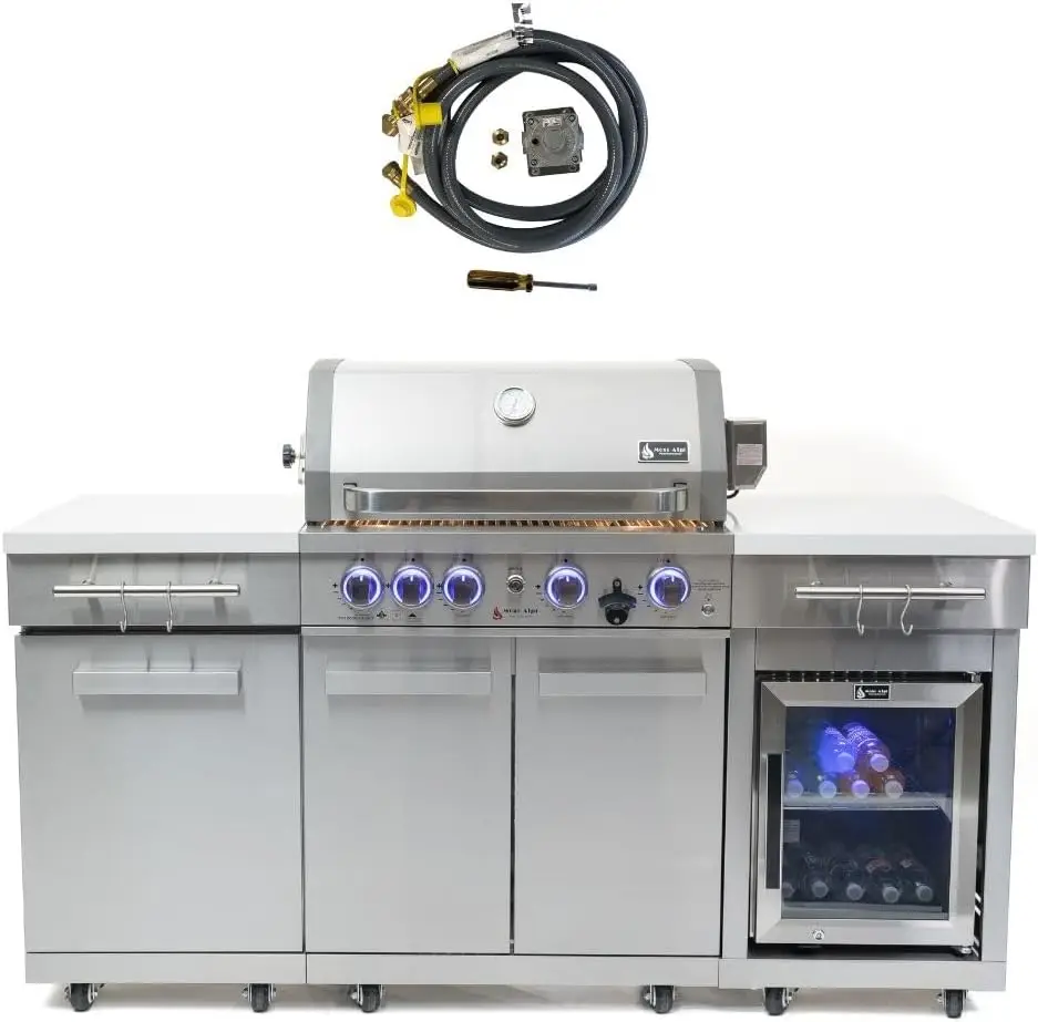 Premium Stainless Steel Outdoor Kitchen Island, 70 in W x 24 in D, with Refrigerator, 32 in W 4-Burner BBQ Grill, Infrared Burner, Storage Cabinets, Granite Countertops and Natural Gas Conversion Kit