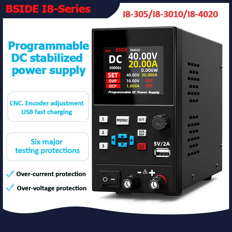 BSIDE-I8 Programmable DC Power Supply Lab 30V 10A Voltage Regulator Adjustable Digital Workbench Overvoltage Overcurrent Protect