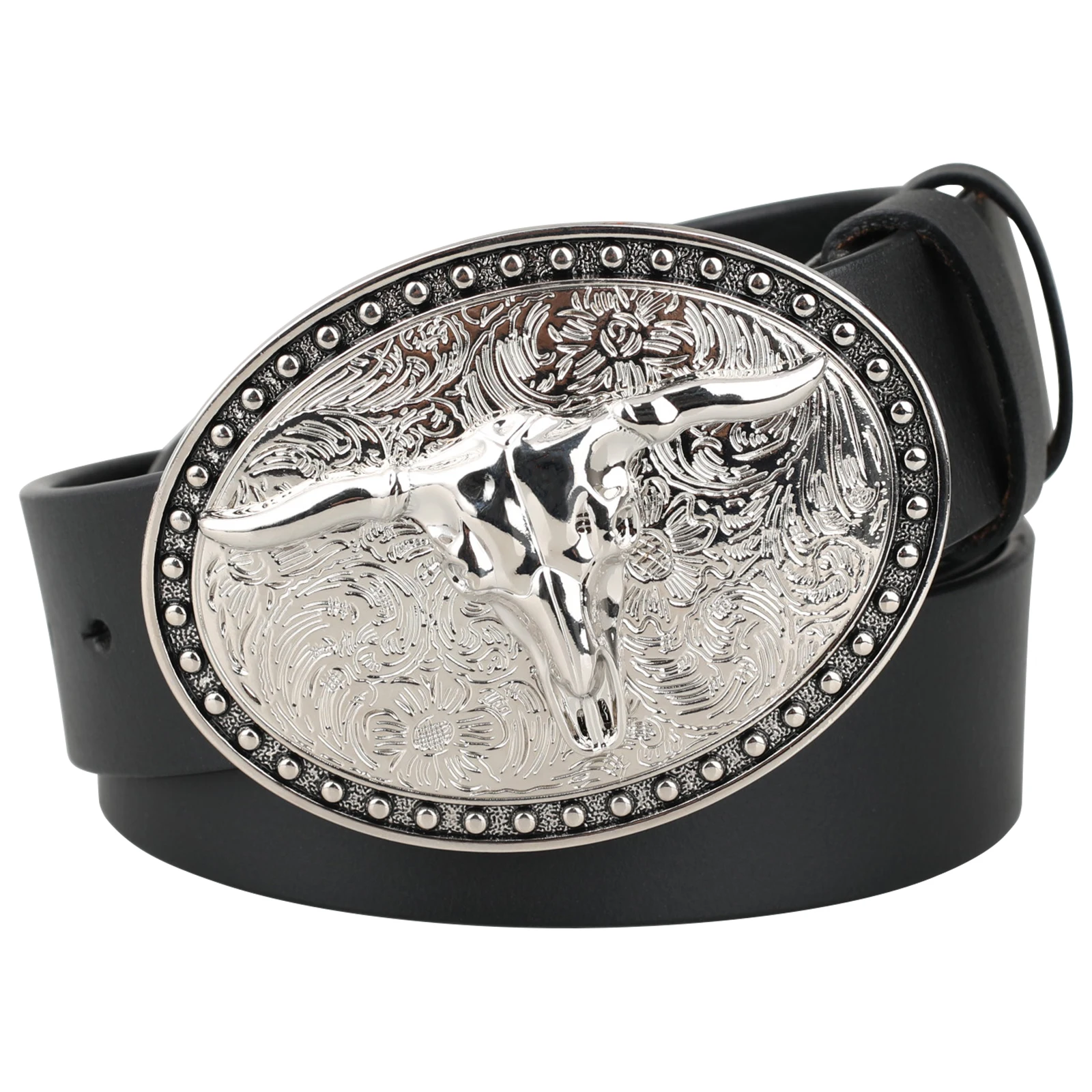 Genuine Leather  Belt Cow Head Buckle Cowboy Full-grain