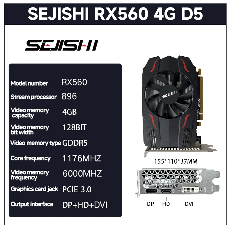 بطاقة رسومات SEJISHI RX 560 4GB AMD Radeon RX560 4GB GDDR5 128Bit 1176MHz بطاقات فيديو للألعاب GPU لسطح المكتب