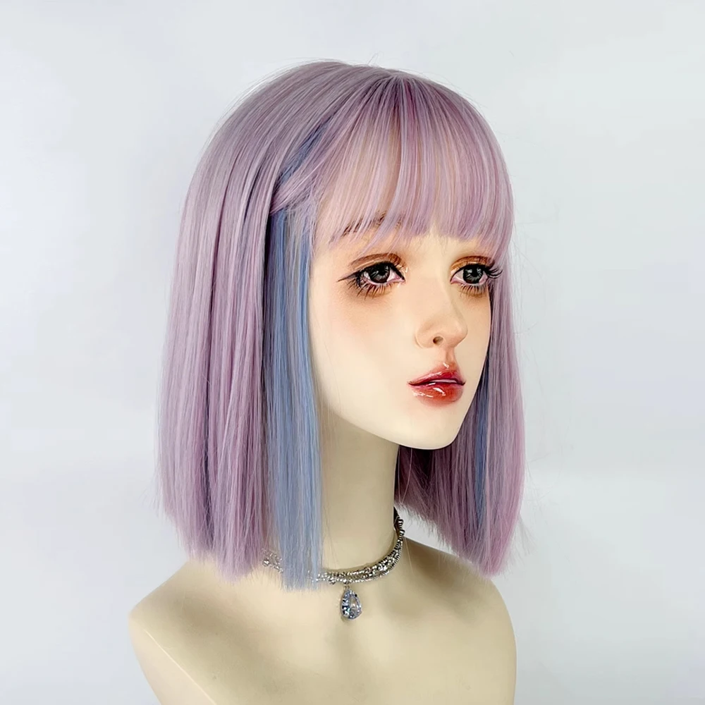 GAKA Purple Blue Mix Short Bob Straight Women Synthetic Wig with Bangs Lolita Cosplay Fluffy Hair Wig for Daily Party