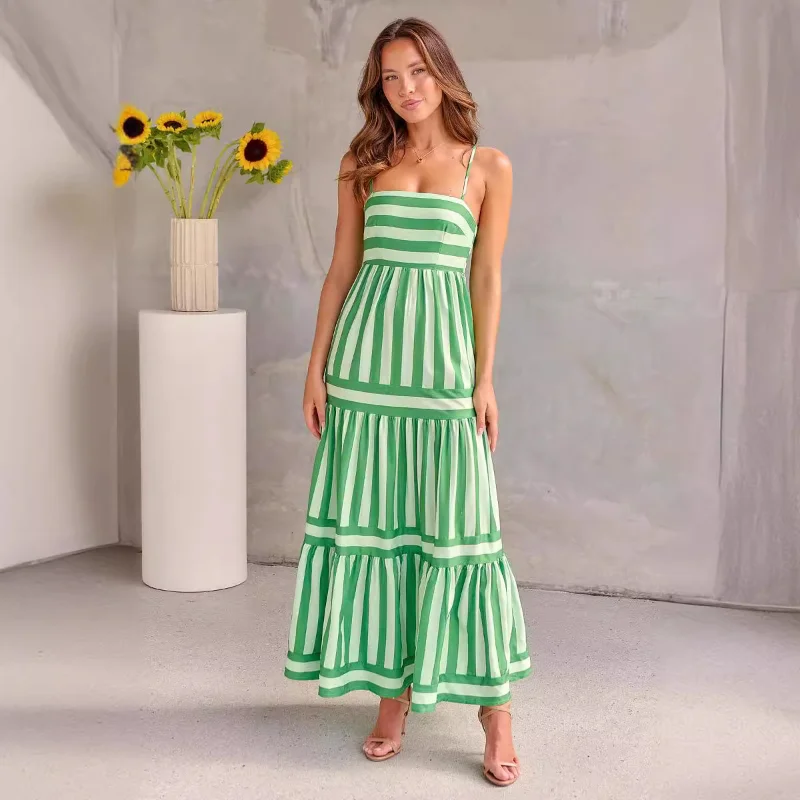 2025 European American Cross-border Women's Clothing Amazon Independent Station Stripe Positioning Printing Tank Open-back Pocke