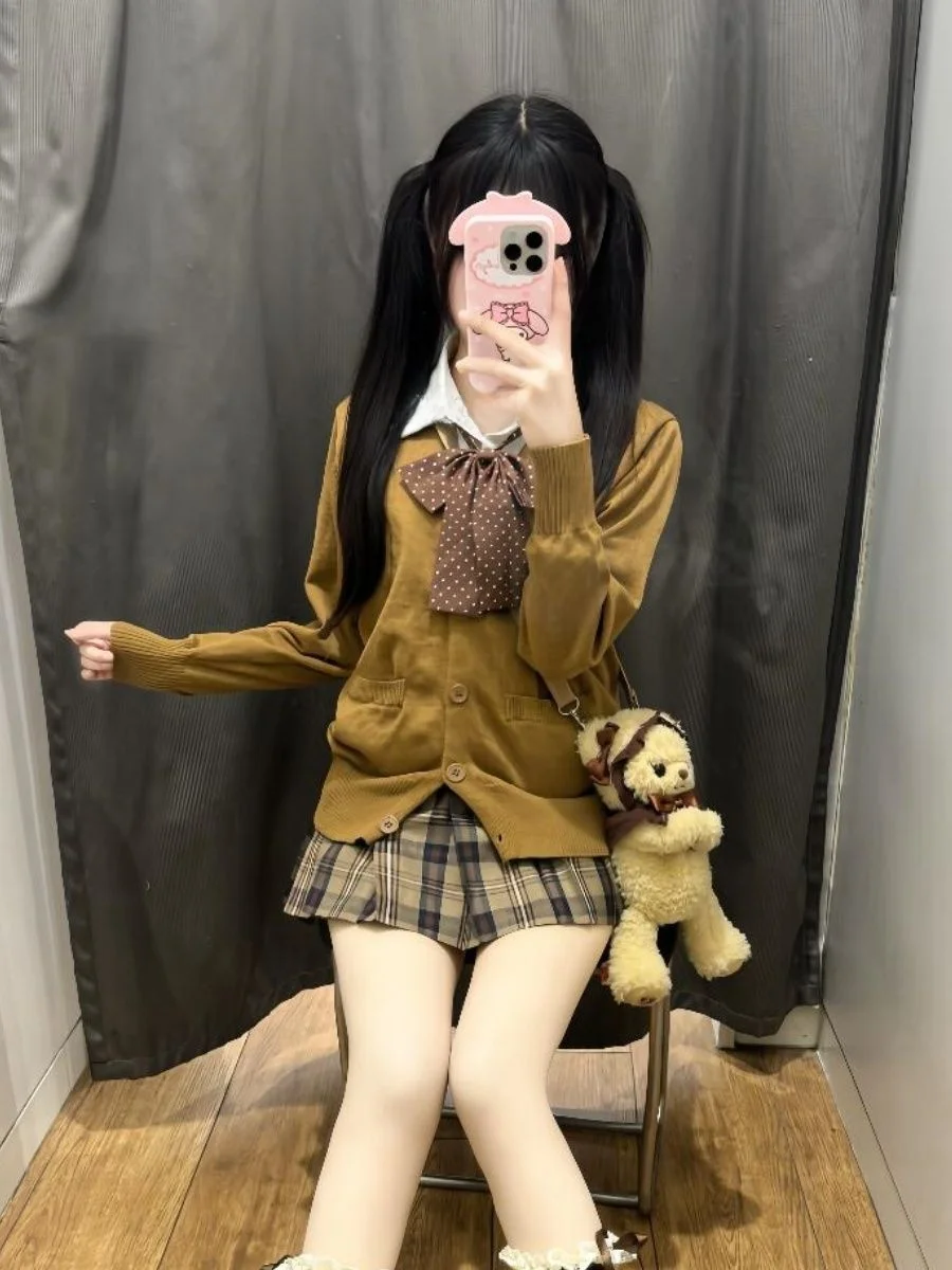 

Универсальный комплект вязаного свитера Long Sve для женщин коричневого цвета чайного цвета, осенне-зимний школьный orm Sle, внутренний коврик из полиэстера...