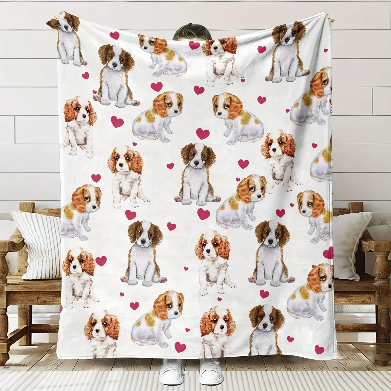 

Adorable Cavalier Puppy Flannel Throw Blanket with Pink Hearts Pattern Soft Cozy for Couch Bed Living Room Bedroom Pet