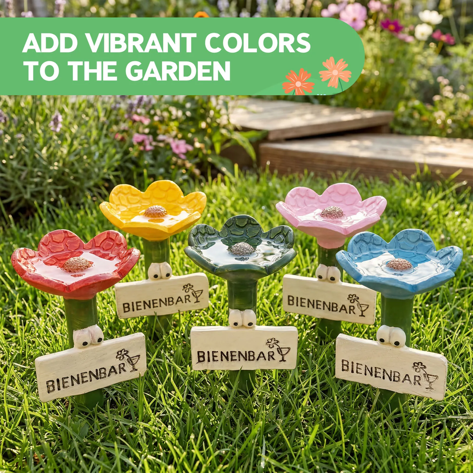 5Pcs Bee Drinker Flower Shaped Resin Bee Water Feeder Cup Multi Color Garden Fascinating Drinker Set for Outdoor Yard Decoration