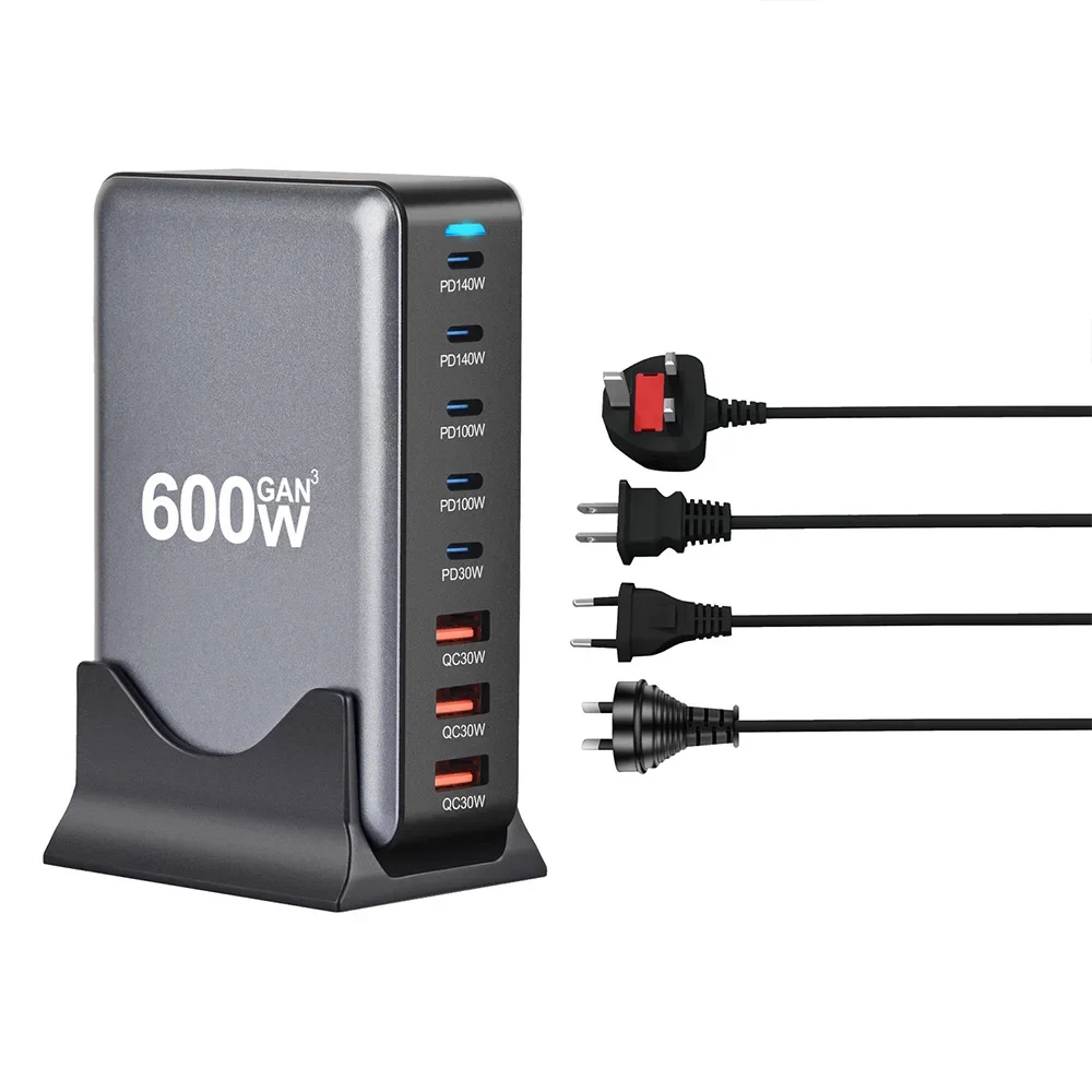 

Зарядное устройство GaN USB C мощностью 600 Вт PD3.1, станция быстрой зарядки, 8-портовые адаптеры USB типа C для iPhone 16 15 14 Samsung Xiaomi Huawei