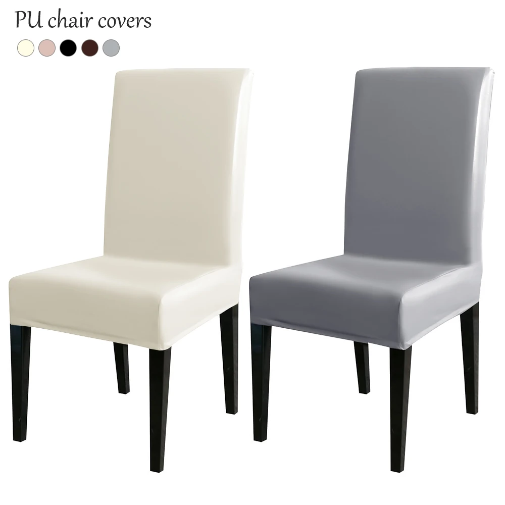 1PC Elastic Dining Chair Cover Solid PU Leather Anti-slip Chair Case Waterproof Oilproof Stretchy Chair Protector Cover Office