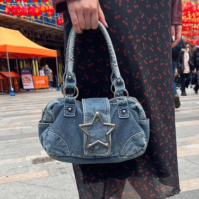 New Denim Metal Star Square Underarm Bag Exquisite Y2k Large Capacity Lady Personality Vintage Denim High Quality Shoulder Bag