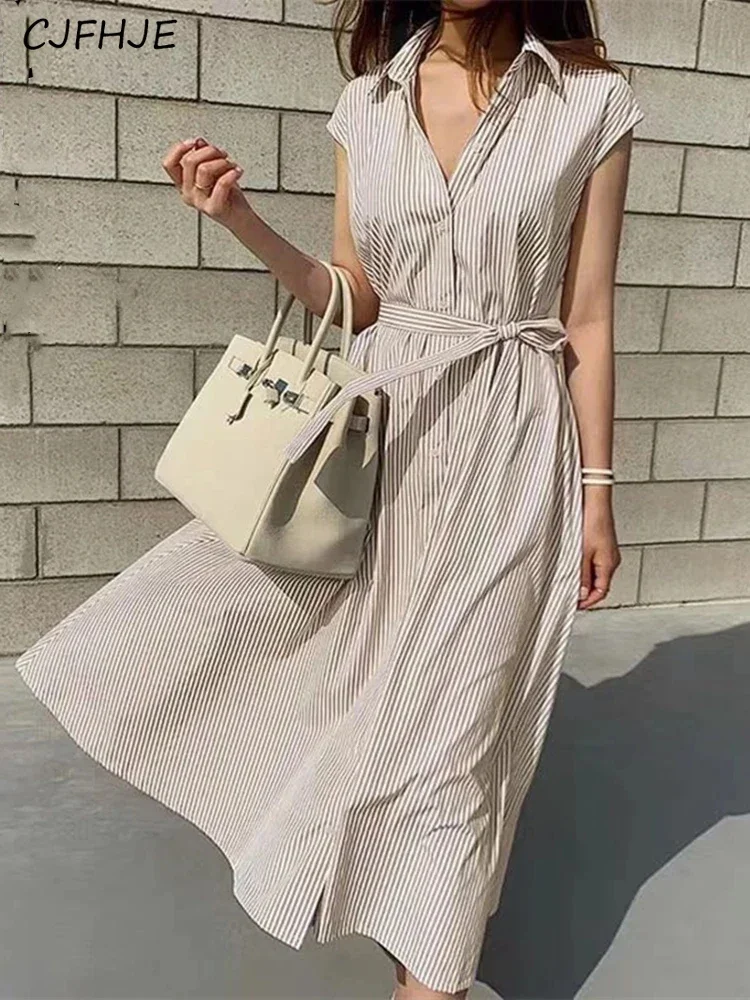 CJFHJE New Women Striped Reglan Sleeve Shirt Dress Spring Summer Korean Fashion Versatile Lace Up Elegant Women's Long Dresses