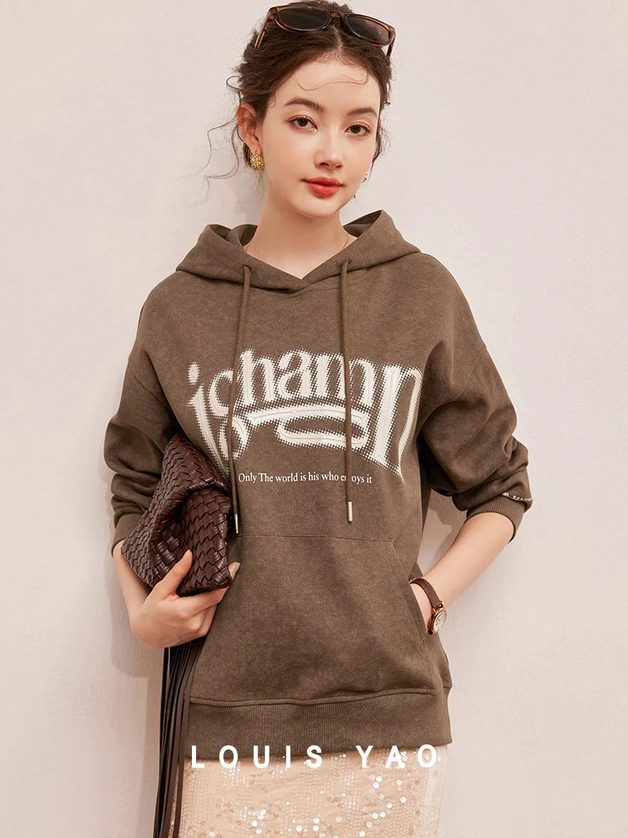 LOUIS YAO 2024 Herbst-Sweatshirt mit Kapuze, gewaschen, gemustert, lockeres dreidimensionales bedrucktes langärmeliges Damen-Sweatshirt