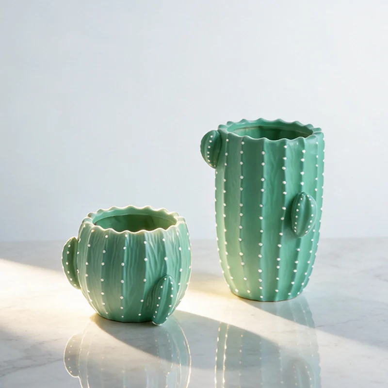 Cartoon 3D Cactus Resin Flower Pot Textured Succulent Planter Tray for Bedroom Desk Window Tabletop Green Plant Decor Accent