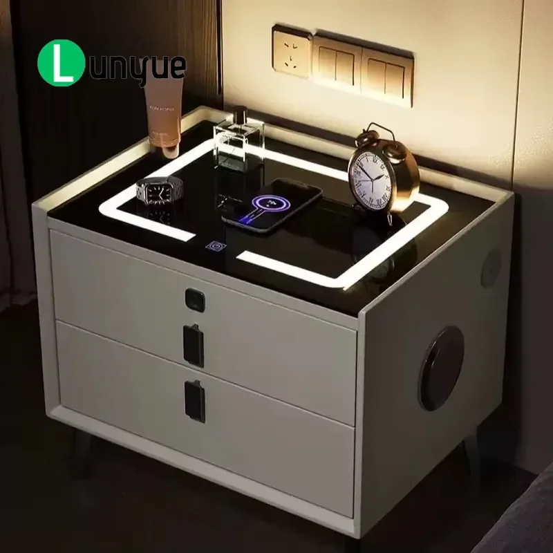 Modern Luxury Smart Bedside Table with Wireless Charging Bluetooth Speaker Fingerprint Lock LED Light for Bedroom Nightstand