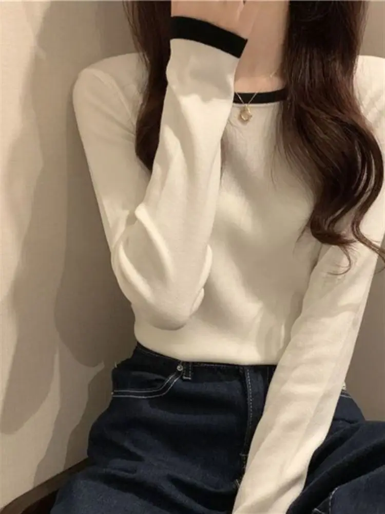 Casual Loose Long Sleeve Women's T-shirt Thin Spring Autumn Fashionable Base Layer Shirt Color Block Slimming Top