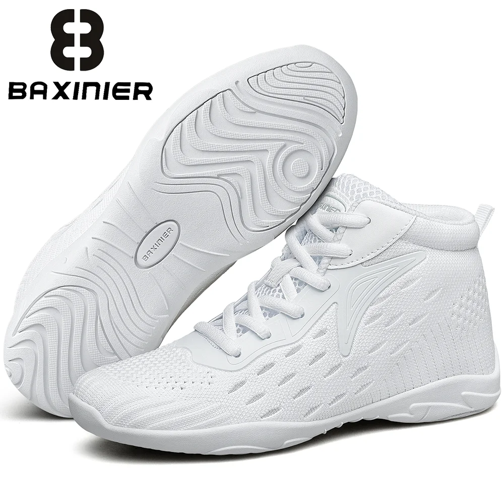 BAXINIER White High Top Cheerleading Shoes Girls Kids Flexible Breathable Knit Cheer Shoes Lightweight Non Slip High Cut Stunt Dance Practice Footwear Soft Gymnastics Tumbling Athletic Movement Sneakers
