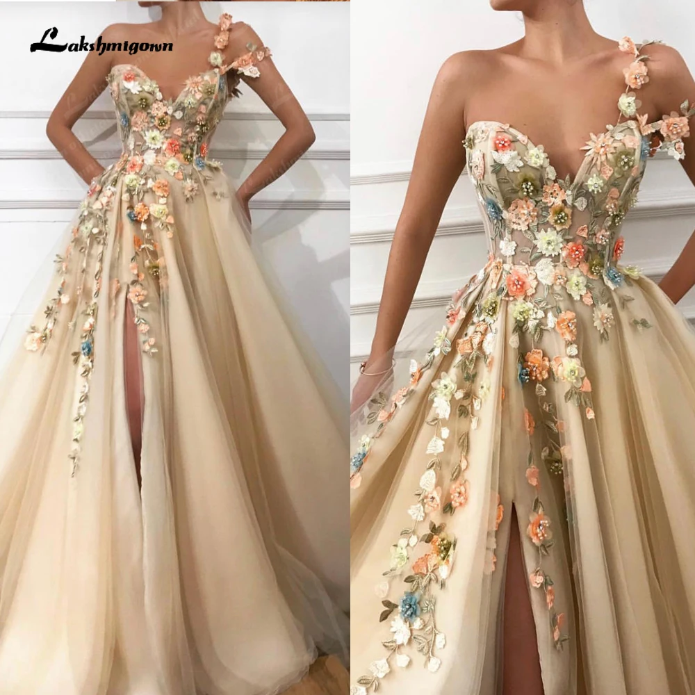 Lakshmigown One Shoulder Prom Dresses Long 3D Floral Lace Applique Formal Evening Gown Party Dresses High Split Customized