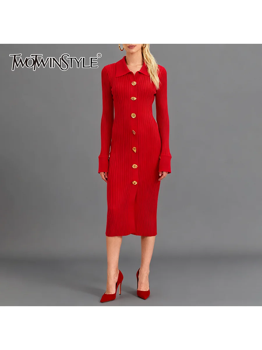 

TWOTWINSTYLE Solid Spliced Single Breasted Basics Knit Dresses for Women Lapel Long Sleeves Split Elegant Dress Female Clothing