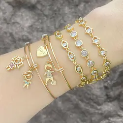 FLOLA Copper Zircon Boy and Girl Bangles for Women Clear Crystal Bracelets Gold Plated Jewelry Party Gifts brth85