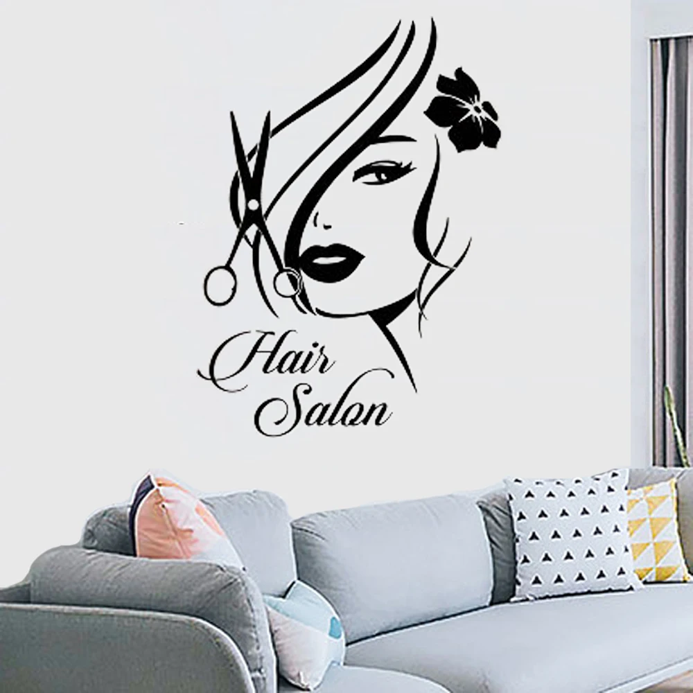 Decalque da parede do vinil decoração casa arte adesivo de cabelo salão de beleza sinal menina com elegante tesoura cabelo sala removível elegante mural
