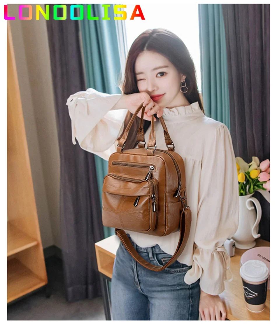 Many Pocket Vintage Women Backpacks PU Leather Backpack Shoulder Bags for Women Female Back Pack Rucksack Feminine Mochilas