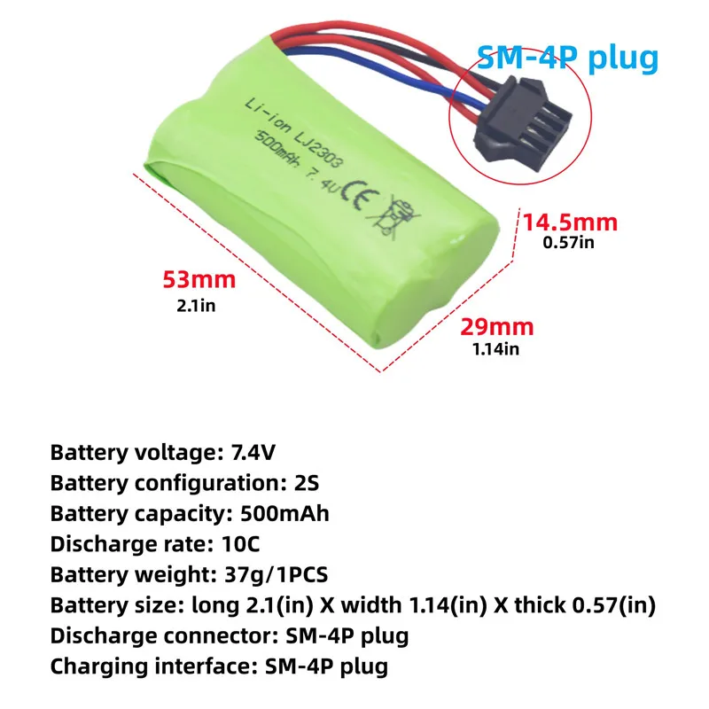 7.4V 500mAh SM-4P Plug Lithium Battery With USB Charging Line For EC16 RC Car,M416 Electric Gel Ball Blaster Backup Battery