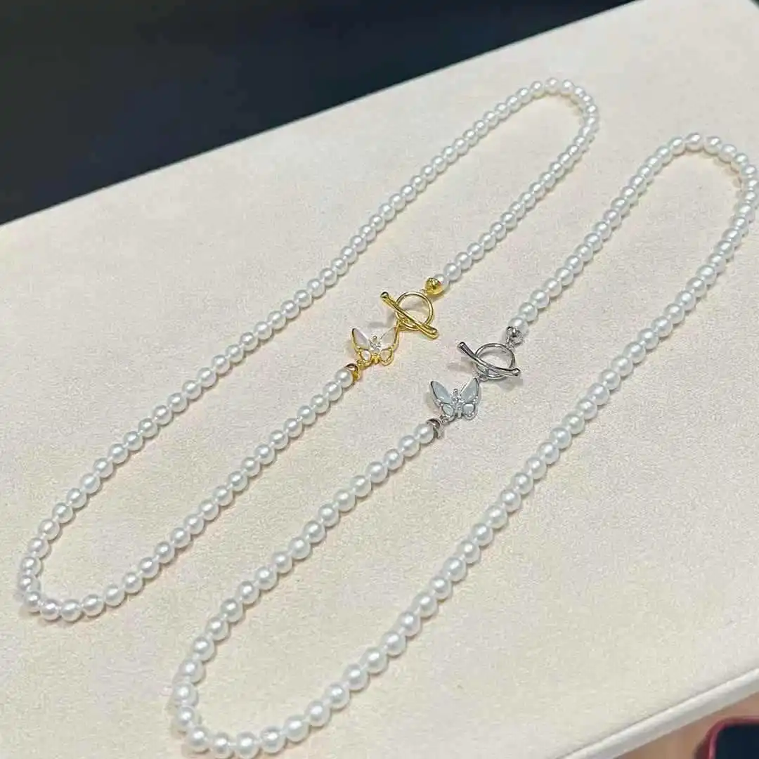 

4-5Mm Freshwater Akoya Pearl Necklace Delicate Seawater Shell Inlaid With Small Butterfly OT Button Clavicle Necklace
