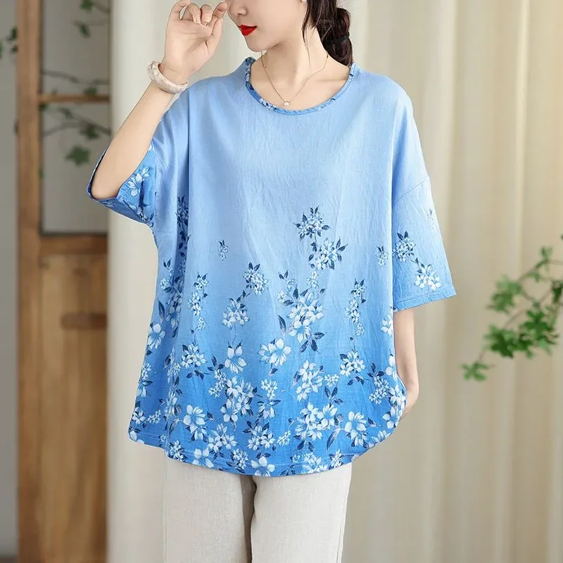 Women's Ombre Floral Print Cotton Linen Blouse Round Neck 3/4 Sleeve Loose Casual Top