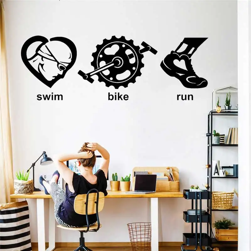 Triathlon Swimming Bike Running Sports Vinyl Wall Decal Sports Lover Home Teen Bedroom Kids Room Art Deco Sticker Gift  Z16