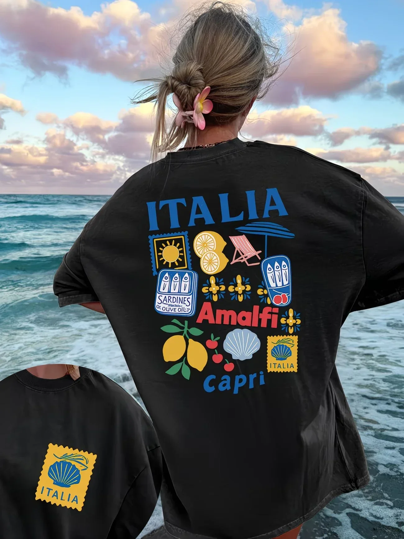 Retro Italia Collage Print T-Shirt Women Vintage Sardine Lemon Graphic Tee Harajuku Streetwear Short Sleeve Summer Loose Top