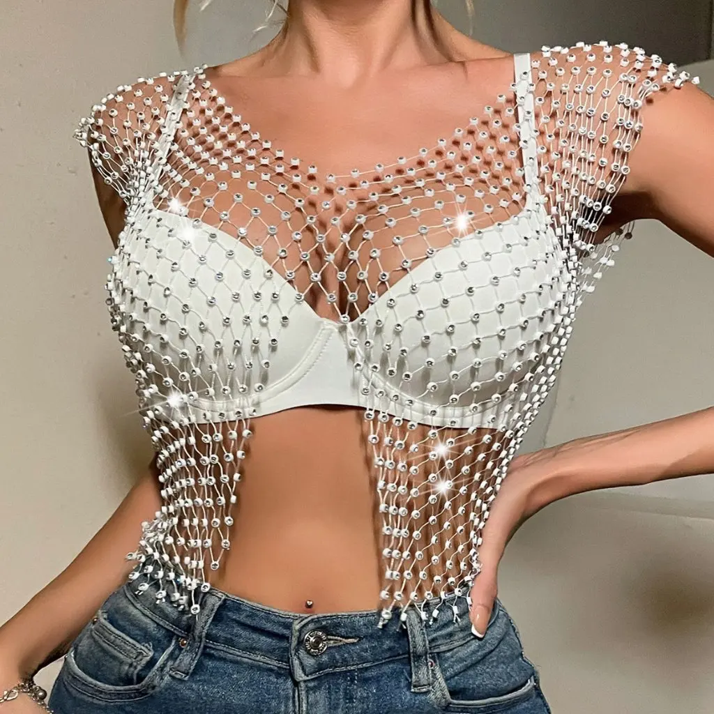 

Bright Diamond Slit Sexy Navel Vest Fishnet Y21157 Direct Sales from Source Factory Hot Selling Women's Fashion Top