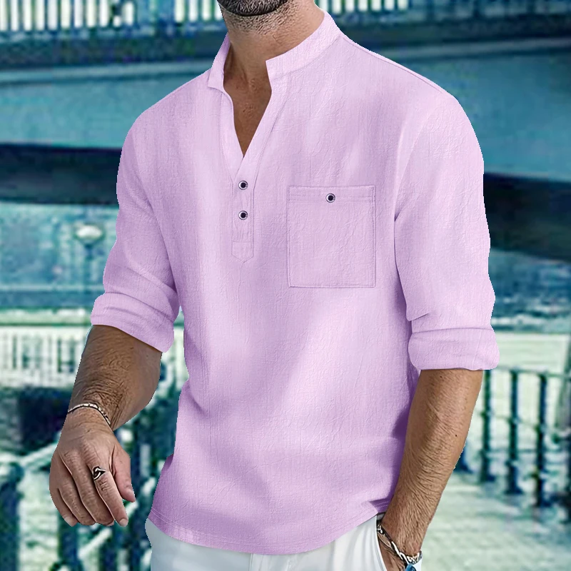 Men Mandarin Collar Long Sleeve Henley Cotton Linen Shirt With Chest Pocket Breathable Lightweight Beach Travel Daily Casual Top