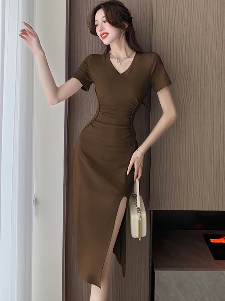 Women Purple Short Sleeve V-Neck Midi Dress Gown Summer Fashion Bodycon Casual Home Dresses 2024 Korean Elegant and Pretty Dress