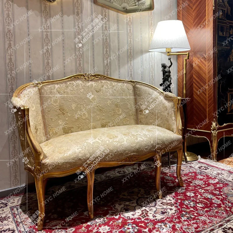 solid wood carving flower double three-person sofa, fabric jacquard studio club sofa, negotiation chair