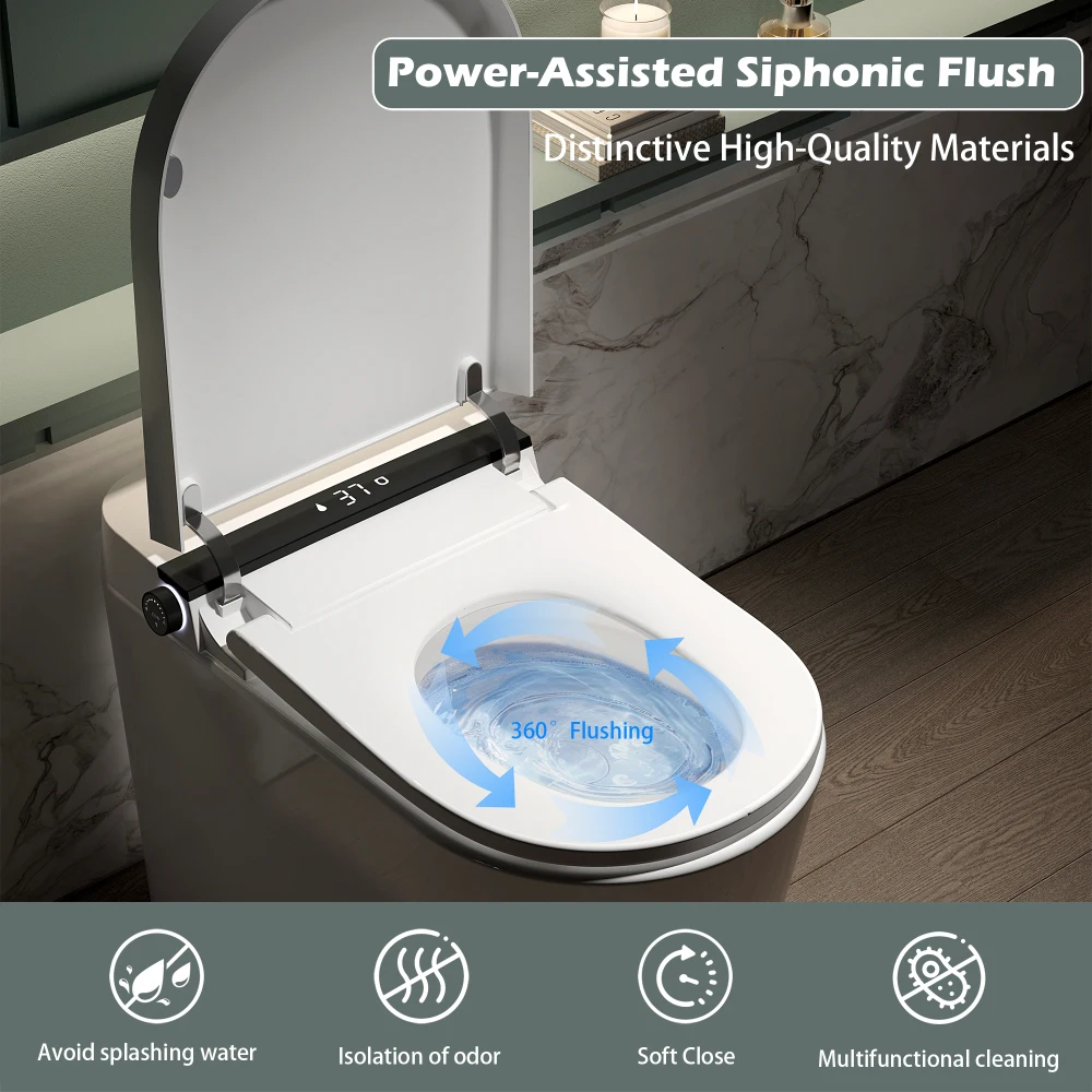 Smart Toilet With Bidet Built-in,Auto Flush, Foot Kick, Hands-Free Adjusted Heated Seat & Warm Air Dyring, Foam Shield Self Cleaning Nozzle,Bidet Toilet 12