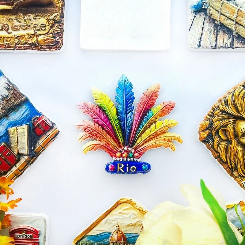 Rio Carnival Fridge Magnet - Colorful 3D Feather Headdress Souvenir Unique Brazilian Festival Gift for Travel & Home Collection