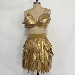 Fashion gold feather shawl skirt set, women's sexy stage wear, performance runway clothing accessories, European and American st