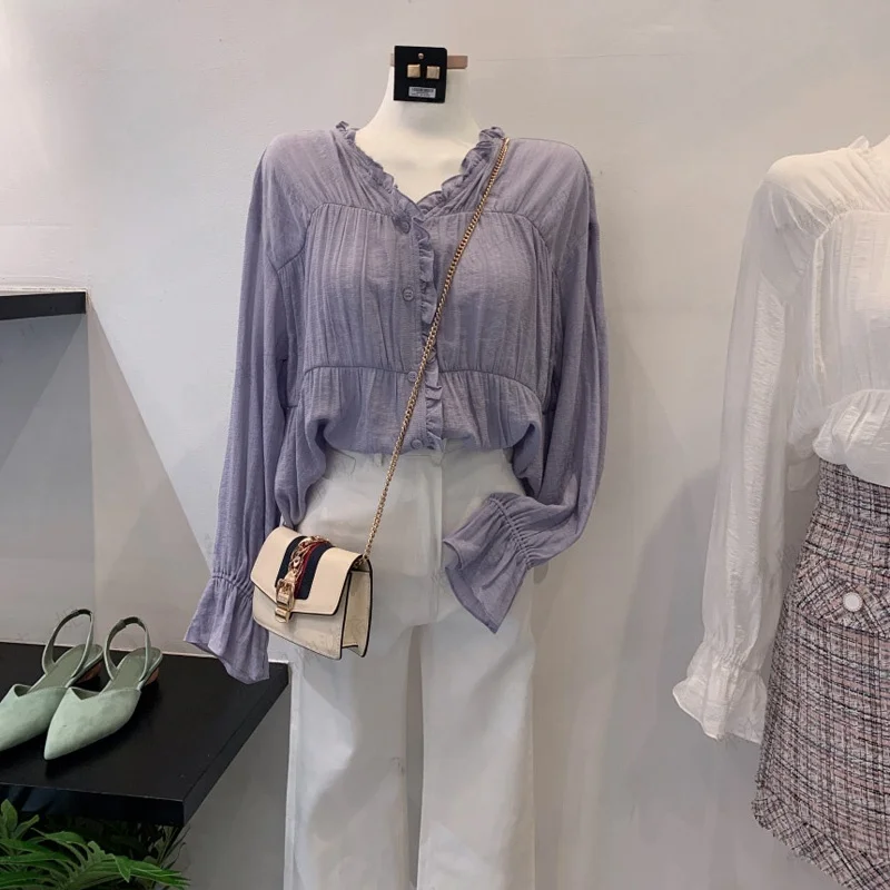 

Spring 2024 Korean Sle Faion Long Sve Lav Hem Women's Sun Protection irt Top Wood ain V-ne Polyester F...