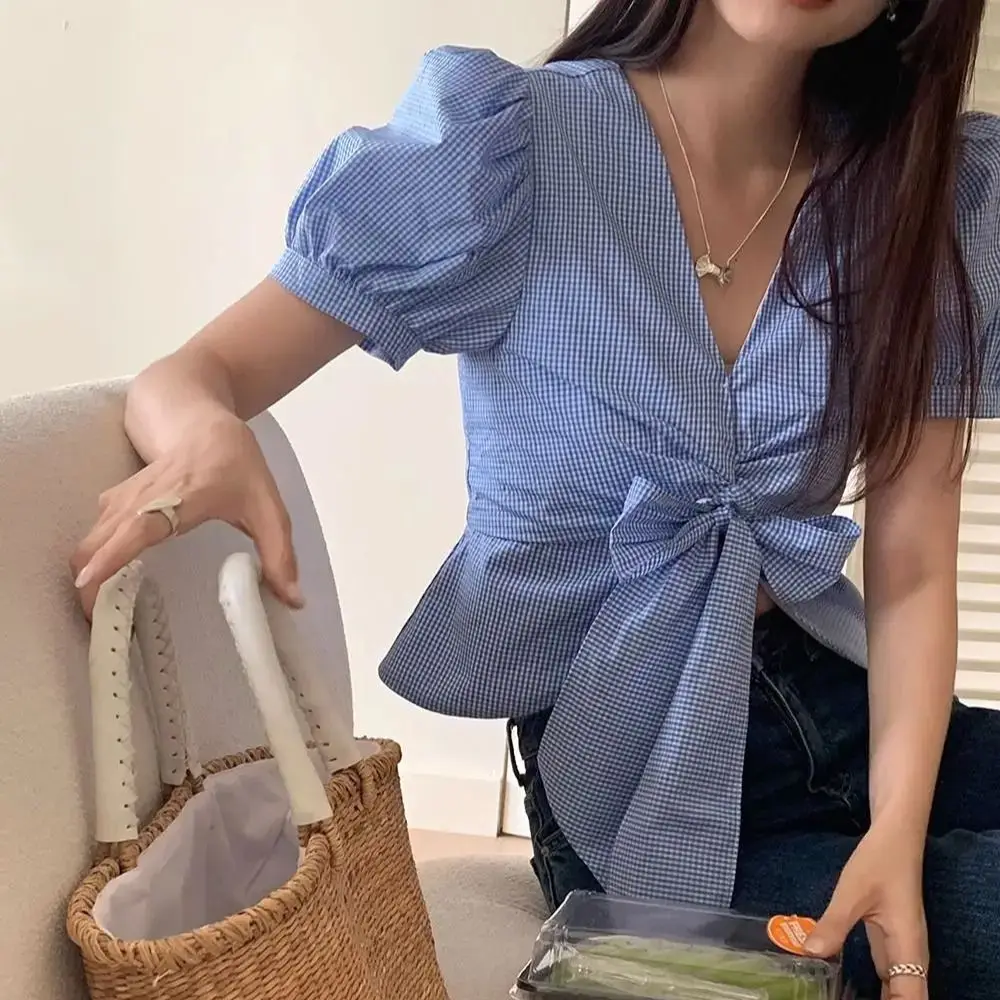 

Shirt French Bow Tie V-Neck Puff Sleeve Plaid Blue Women'S Design Niche 2024 Summer New Chic Short Top