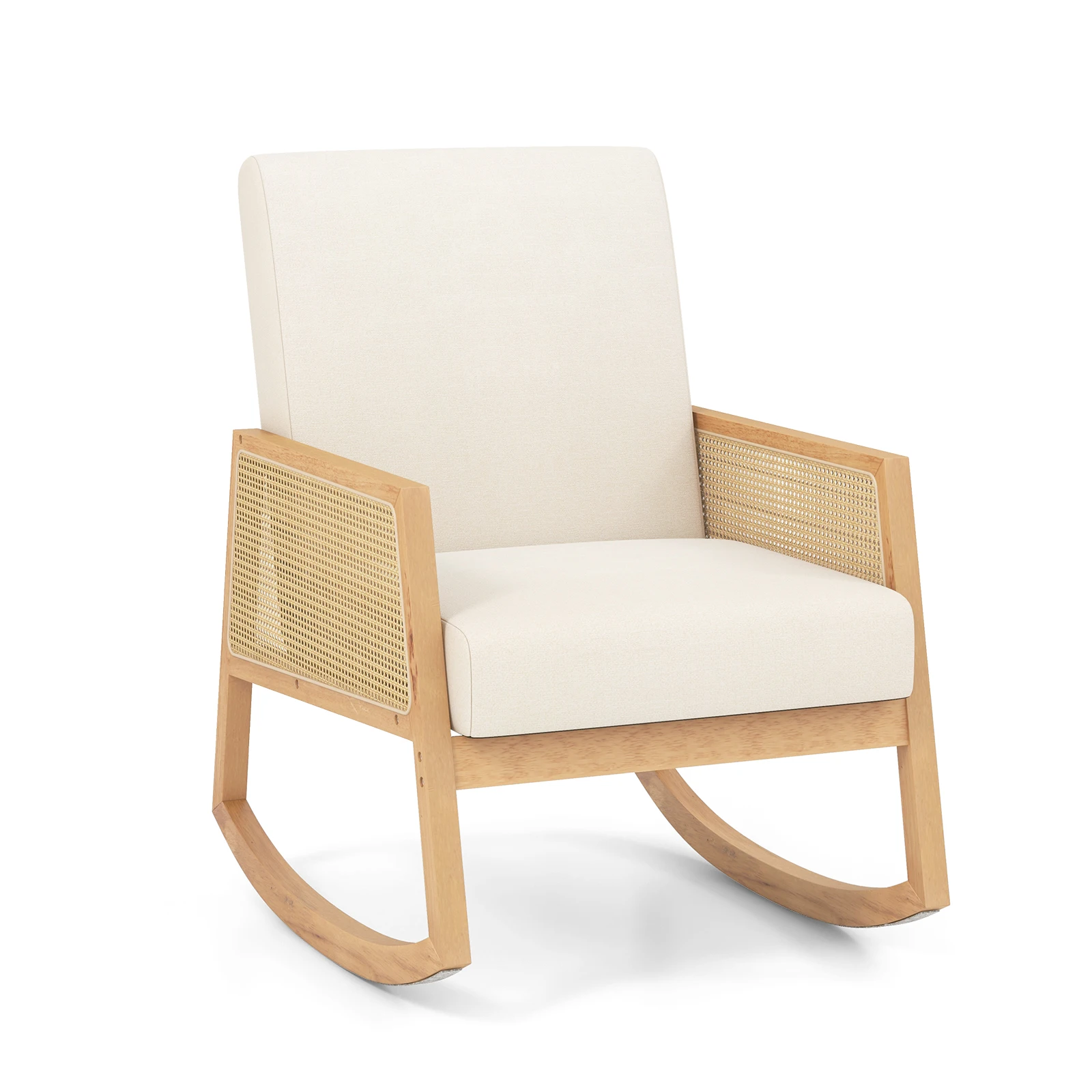 Glider Rocking Chair Single Accent Chair w/ Rattan Armrests Upholstered Cushion