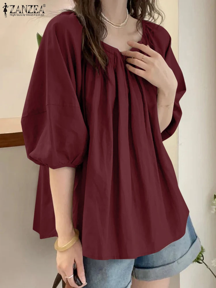 ZANZEA Losse Casual Elegante Blouses Effen Kleur Zomer 2024 Vrouwen Koreaanse Mode Tuniek Tops Half Lantaarn Mouw Blusas Mujer