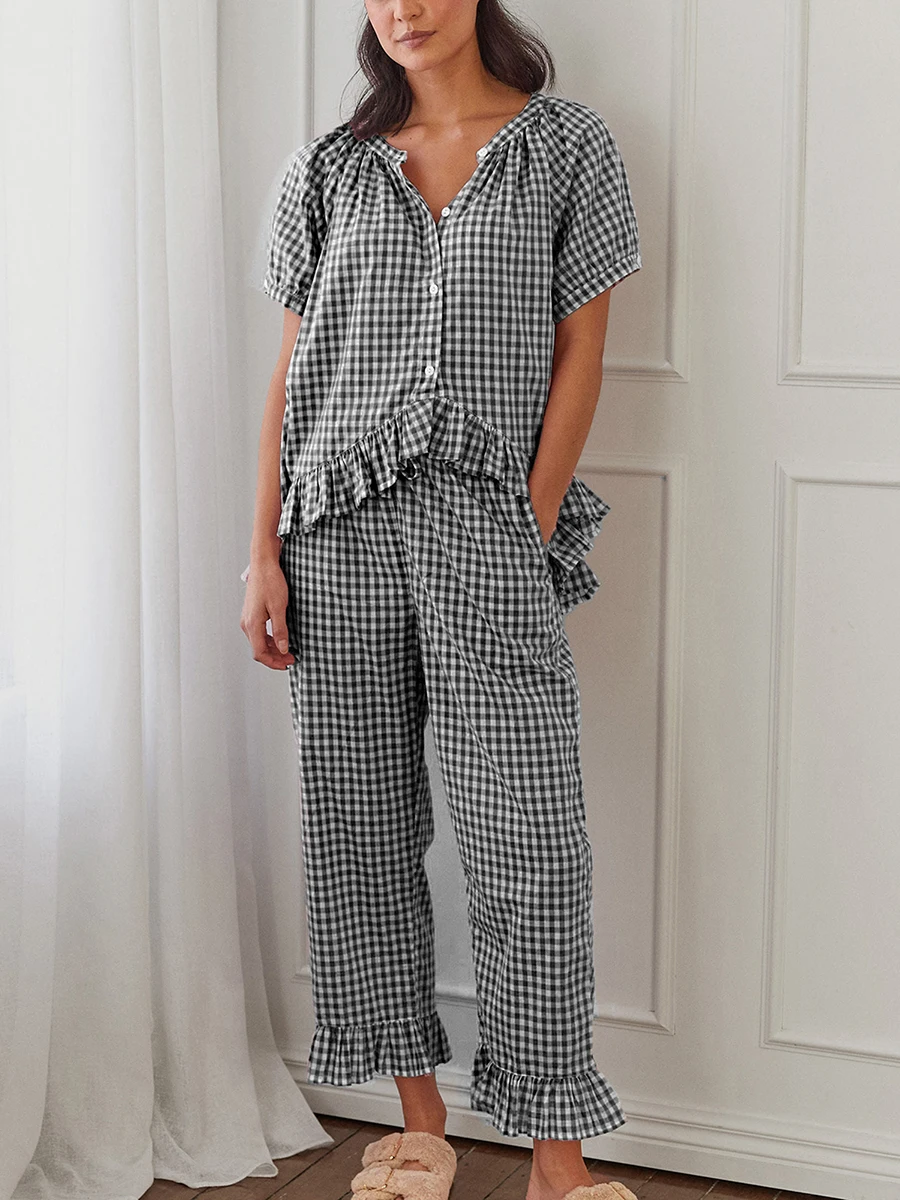 

y2k Vintage Plaid 2 Piece Women Set Outfits Tie Front Puff Sleeve Babydoll Shirt Gingham Pants Pajama Lounge Set Sleepwear