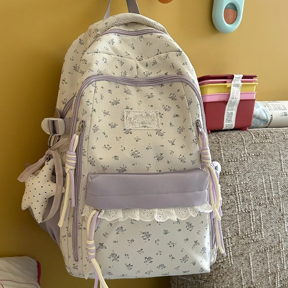 Lace Decor Floral Print Backpack Ultra Lightweight Large Capacity School Bag Star Pendant Fresh Aesthetic Daypack Shopping