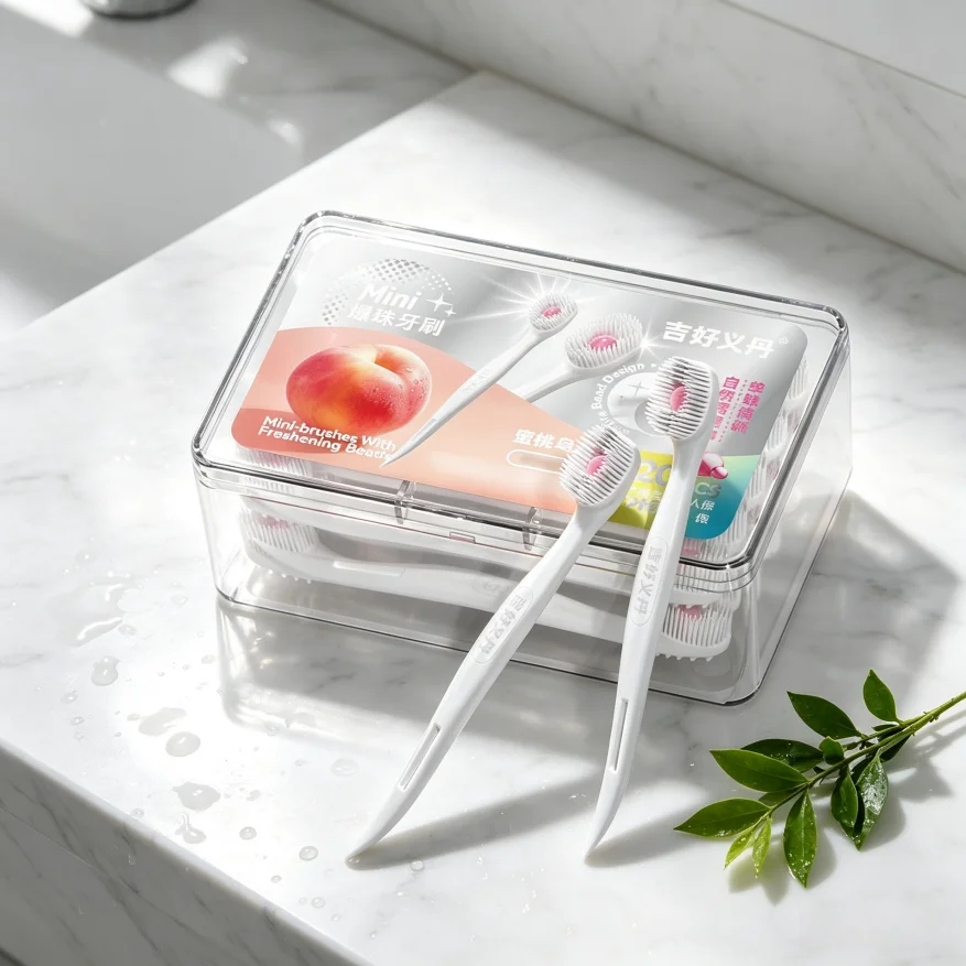 No Water Disposable Floss Toothbrush 20PCS Peach Liquid Mouthwash Integrated, Water Saving Portable Brush for Road Trips