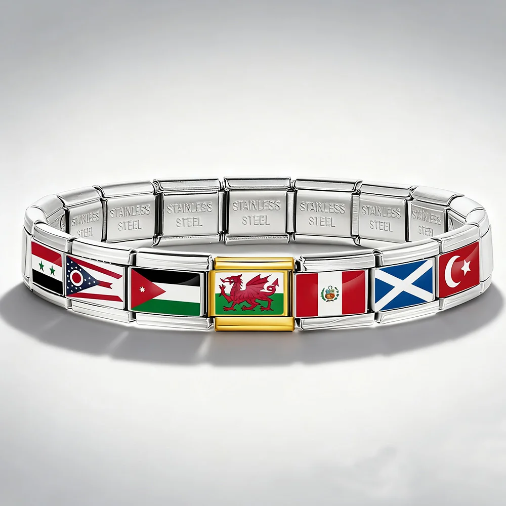 1pc Elastic Charm Chain World National Flag Italian Link fit 9mm Stainless Steel Bracelet DIY Making Jewelry Gifts Accessories