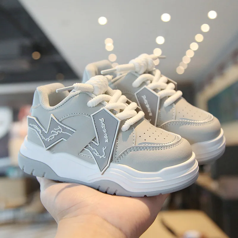 

New Children Autumn Pu Leather Panel Shoe Boy Lightning Sneakers Kids Girls Soft Soled Color Blocking Front Lace-up Casual Shoes