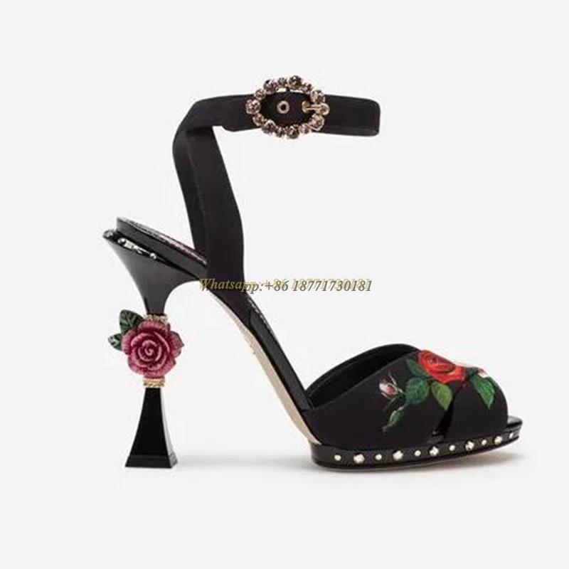 Rose Flower Carved Heel Cross Strap Sandals 2025 Summer Women's New In Open-Toe Retro Hollow Buckle High-Heeled Shoes